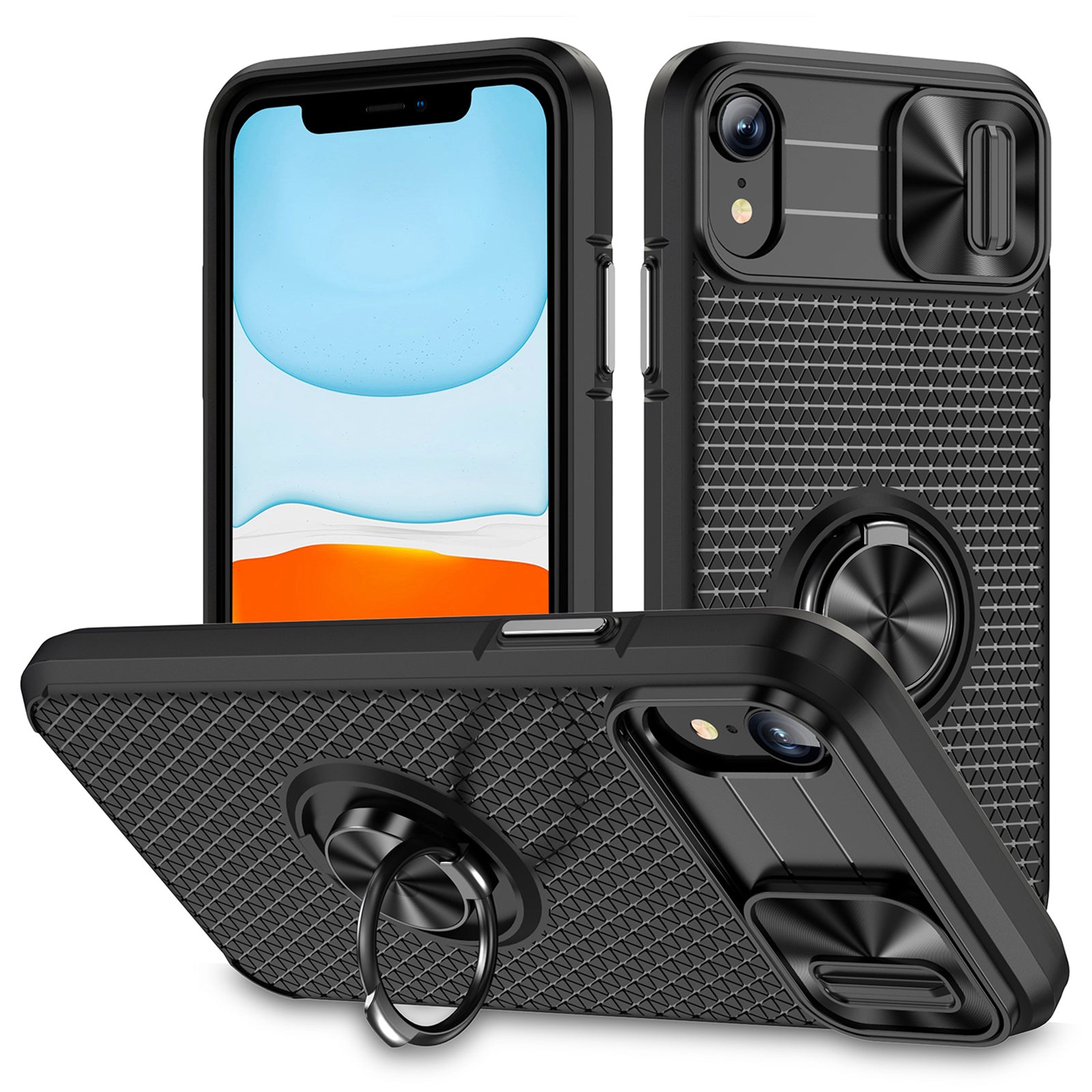 Til iPhone XR 6,1 tommer Ring Kickstand Telefon Case PC TPU Telefon Cover med Slide Kamera Lens Beskytter Til iPhone XR 6,1 tommer Ring Kickstand Telefon Case PC TPU Telefon Cover med Slide Kamera Lens Beskytter